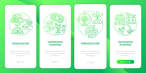 Methods of gardening green gradient onboarding mobile app screen. Planting walkthrough 4 steps graphic instructions with linear concepts. UI, UX, GUI template. Myriad Pro-Bold, Regular fonts used