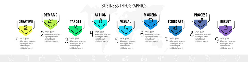 Vector arrows infographic design. Modern business presentation and infographics with nine steps, options. Graphic timeline for app, website, interface, levels, diagram, banner, presentations