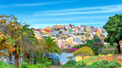 Landscape with colorful houses in residential district of Las Palmas old town. Gran Canaria, Spain - obrazy, fototapety, plakaty