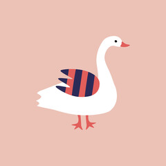 White funny goose hand drawn vector illustration. Cute isolated farm bird in flat style for kids logo or icon.