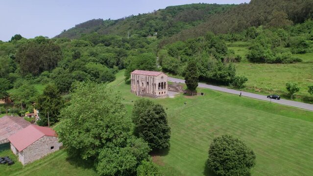 Aerial view from distance of pre romanesque Santa Maria del Naranco church located in Oviedo, in Asturias, Spain.