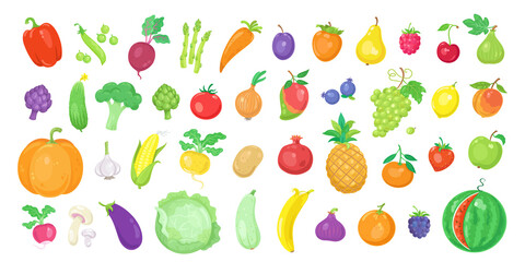 Healthy food. Big set of fruits and vegetables. Icons in cartoon style. Isolated on white background. Vector flat illustration.