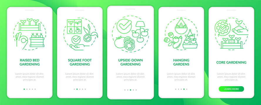 Effective gardening green gradient onboarding mobile app screen. Plant care walkthrough 5 steps graphic instructions with linear concepts. UI, UX, GUI template. Myriad Pro-Bold, Regular fonts used