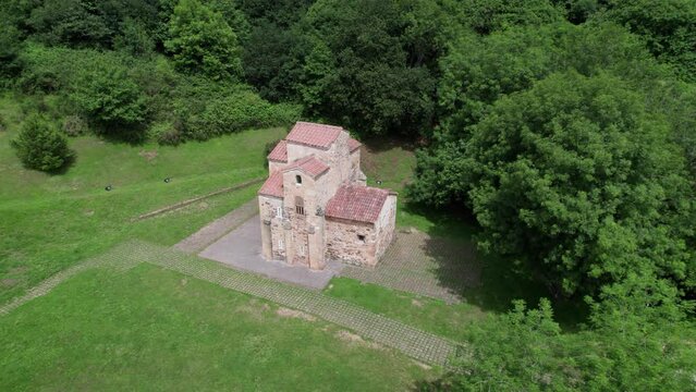 Aerial view of San Miguel de Lillo cathedral in north Spain. Landmark tourism in the outdoors. 