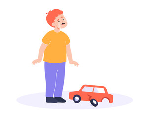 Upset boy crying over broken car toy flat vector illustration. Sad child standing and weeping. Emotion, weep, expression, disappointment, feeling, frustration concept