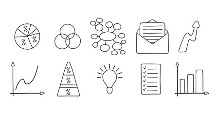 Business Line Icons - Vector Line Icons. Diagrams, graphs, mind map, list, idea, e-mail, letter, arrow