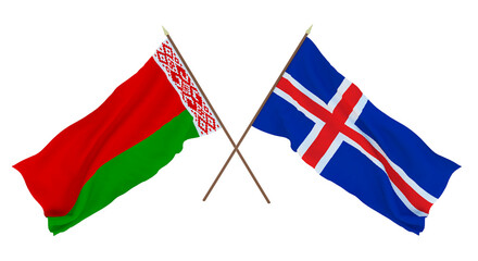 Background for designers, illustrators. National Independence Day. Flags Belarus and Iceland