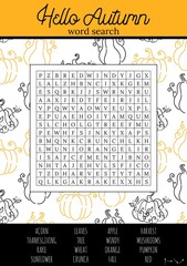 Hello Autumn word search puzzle for children or adults. Crossword activity printable game for learning English words. Suitable for social media post. Educational worksheet. Learning seasons.