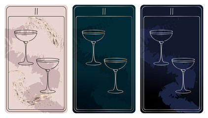 2 of Cups. A card of Minor arcana one line drawing tarot cards. Tarot deck. Vector linear hand drawn illustration with occult, mystical and esoteric symbols. 3 colors. Proposional to 2,75x4,75 in.