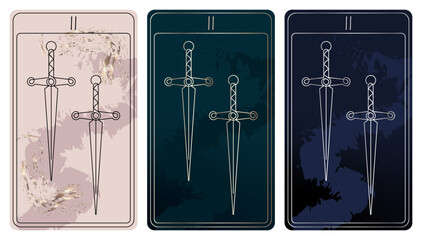 2 of Swords. A card of Minor arcana one line drawing tarot cards. Tarot deck. Vector linear hand drawn illustration with occult, mystical and esoteric symbols. 3 colors. Proposional to 2,75x4,75 in.
