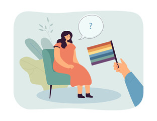 Woman sitting and looking at LGBT flag flat vector illustration. Question mark over girl. Ignorance, pride month, movement, community, diversity concept for banner, website design or landing web page