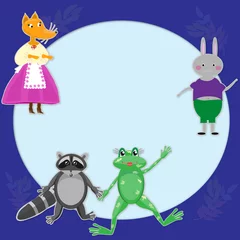 Fotobehang Template for children's party invitation with funny cartoon animals: fox, raccoon, frog, rabbit on a blue background. Vector graphics © Iryna