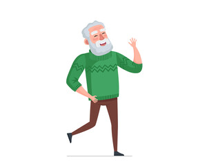 Older man fun dancing. Elderly male dancer. Old grandpa waving hands and legs. Retired granddad moving to music. Cheerful senior pensioner dance leisure and relaxing. Active modern grandfather vector