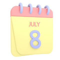 8th July 3D calendar icon. Web style. High resolution image. White background