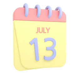 13th July 3D calendar icon. Web style. High resolution image. White background