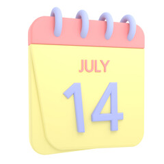 14th July 3D calendar icon. Web style. High resolution image. White background