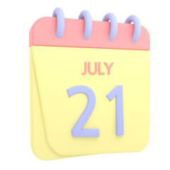 21st July 3D calendar icon. Web style. High resolution image. White background