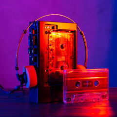 Vintage cassette tape player in neon light. 80s - 90s advertisement style. Disco party nostalgy concept - 513949955