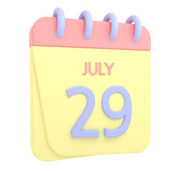 29th July 3D calendar icon. Web style. High resolution image. White background