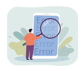 Man looking at phone screen with error flat vector illustration. Virus, problem, warning, threat, cyberspace, phishing concept for banner, website design or landing web page