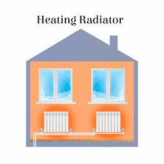Vector isolated illustration of an example and heating scheme in private house. It depicts one story house with winter view from the window, radiators and pipes. The concept of home heating.