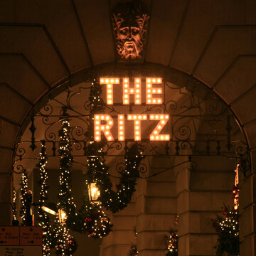 The Ritz hotel sign with Christmas decoration at night