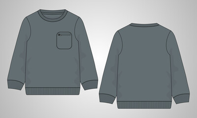 Long sleeve with pocket sweatshirt overall technical fashion flat sketch vector illustration Grey Color template front, back views. Fleece cotton jersey Apparel clothing 