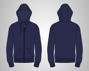 Hoodie. Technical fashion flat sketch Vector template. Cotton fleece fabric Apparel hooded sweatshirt illustration navy color mock up. Clothing outwear jumper Front, back views. Men, unisex top CAD.