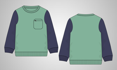 Two tone Color Long sleeve with pocket sweatshirt overall technical fashion flat sketch vector illustration green Color template front, back views. Fleece cotton jersey Apparel clothing 