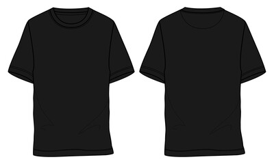 Short sleeve t shirt Technical fashion flat sketch vector illustration Black Color template front and back views for men's and boys. Flat style Apparel Design Mock up Cad.
