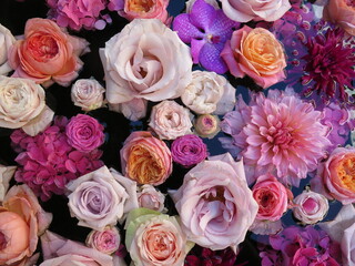 Floral background. Multi-coloured fresh pastel color flowers in the water, top view from above. Natural flat lay. Variety of flowers.