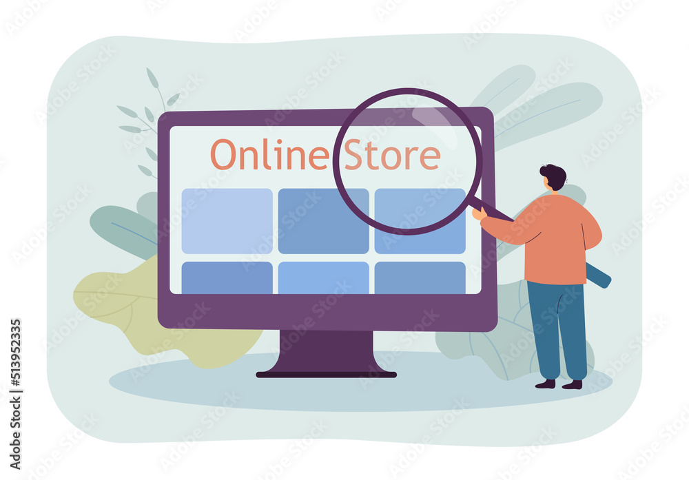 Wall mural online store app on computer screen flat vector illustration. tiny man looking at screen through mag