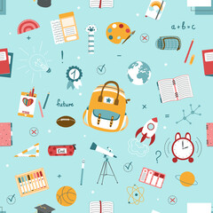 Seamless pattern on school theme, set of school tools, set of education icons, back to school, stationery for schoolboy, school backpack, student, student notebooks, back to school, colored pencils