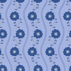 Vector seamless pattern with stylized flowers in blue colors. Floral pattern for fabric, dress, textile, wrapping paper, etc. Blue, navy and white hand drawn pattern.