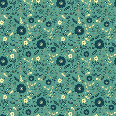 Vector seamless pattern with stylized flowers. Stylish background with tiny wild flowers. Floral pattern for fabric, dress, textile, wrapping paper, etc.