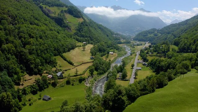 Panorama of pyrenees mountains in France. Aerial view ,fly over mountains peak. Incredible nature. Beautiful mountains. 