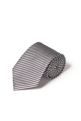Close-up shot of an elegant gray and white stripe tie. The striped tie in gray and white is rolled and isolated on a white background. Top view.