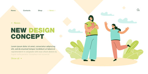 Mother holding cat and happy daughter with open arms. Parent giving pet to child as present flat vector illustration. Family, holiday celebrating concept for banner, website design or landing web page