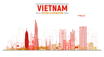 Vietnam (Ho Chi Minh, Hanoi and other) skyline with panorama at sky background. Vector Illustration. Business travel and tourism concept with modern buildings. Image for banner or web site.