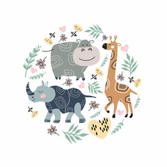 Round emblem with a giraffe, rhinoceros hippo. Children s illustration.