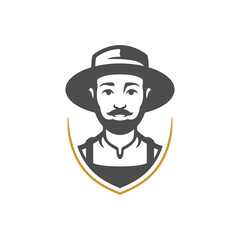 Male gardener portrait agricultural man in hat vintage heraldic shield frame logo vector