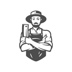 Male butcher kitchen axe agriculture farm ecology meat production monochrome vintage icon vector