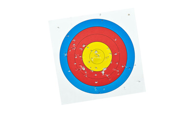 Archery target bow sheet with many small holes from arrow shooting, isolated archery paper sheet...