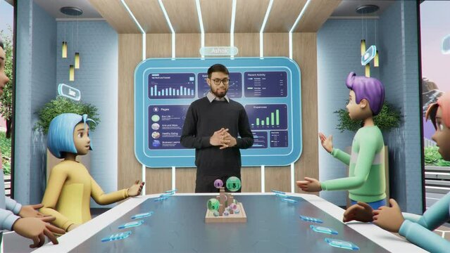 Online Business Meeting in Virtual Reality Office. Project Manager Talking to a Group of Animated Internet Avatars of Colleagues Sitting at a Table. Futuristic 3D Universe Concept, Working from Home.