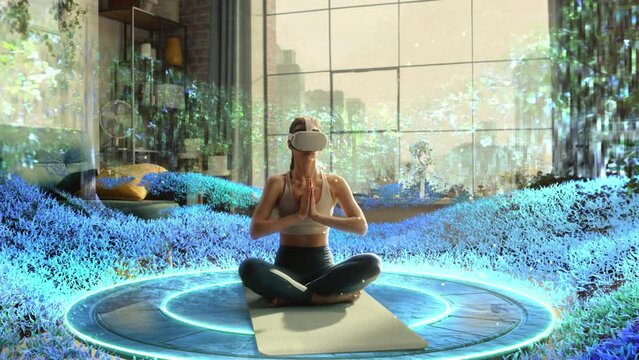 Young Athletic Woman Wearing Virtual Reality Headset, Practising Meditation in Modern Futuristic Way. Her Consciousness is Transformed into Beautiful Peaceful Forest. Online Wellbeing and Mindfulness.