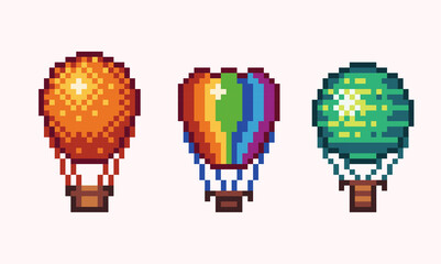 Hot air balloon pixel art set. Aerostat collection. 8 bit sprite. Game development, mobile app.  Isolated vector illustration. © SickleMoon