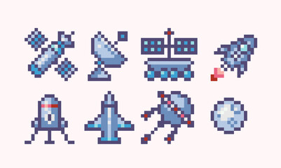 Satellite, rocket pixel art set. Spaceship, spacecraft collection. 8 bit sprite. Game development, mobile app.  Isolated vector illustration. © SickleMoon