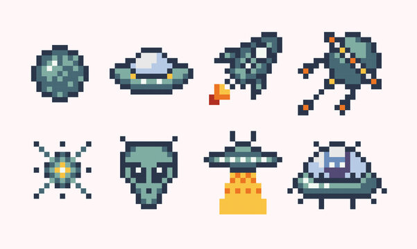 UFO, spaceship, spacecraft pixel art set. Alien ships, rocket collection. Technology extraterrestrial civilization. 8 bit sprite. Game development, mobile app.  Isolated vector illustration.