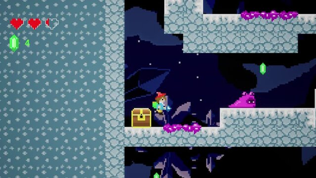 Looped Video Game Mock Up Concept for Playback: Gameplay of Retro 2D Console Arcade with Player Moving Around Pixelated Digital World, Fighting Monsters and Collecting Items. Dark Night Theme.