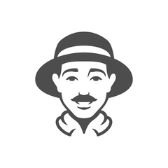 Farmer agricultural male mustache head in hat monochrome vintage icon vector illustration